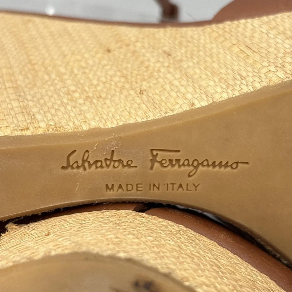 Salvatore Ferragamo Wedge Sandals Shoes Womens 8.5 Leather‎ Espadrille Italy